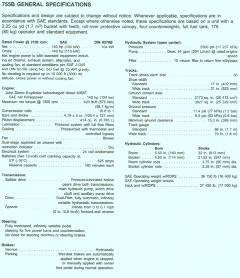 John Deere Crawler 755B Specs